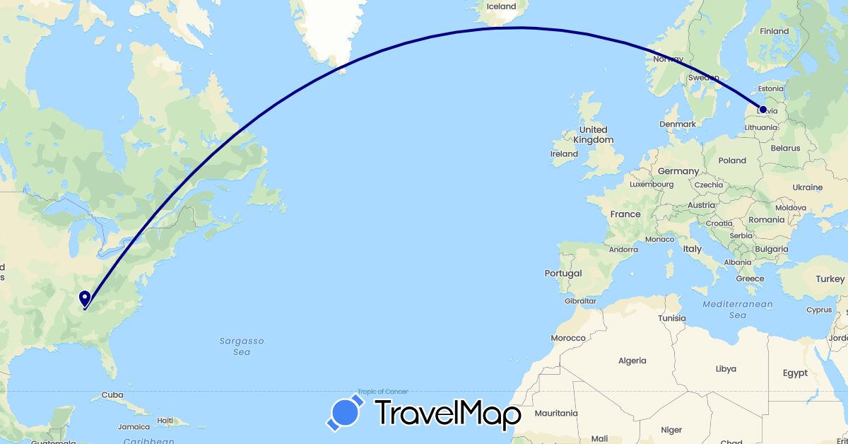 TravelMap itinerary: driving in Latvia, United States (Europe, North America)
